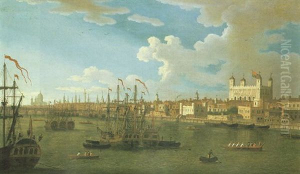 A View Of The Thames, From The South Bank, Looking North-west Towards The Tower Of London And St. Paul's Cathedral Oil Painting by Joseph Nichols