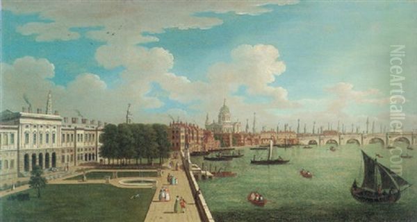 View Of London As Seen From The Terrace Of Somerset House, Looking Down The Thames With St. Paul's Oil Painting by Joseph Nichols