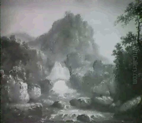 Rocky River Landscape With A Bridge By A Waterfall Oil Painting by Francis Nicholson