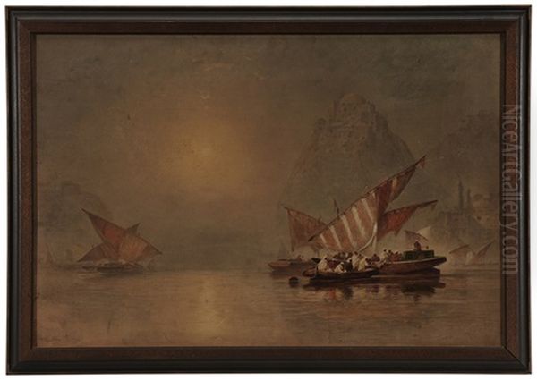 View Of Boats, Egypt, With A Fortress Atop A Rocky Promontory Oil Painting by George Washington Nicholson