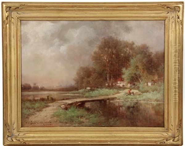 Country Bridge, Distant City Oil Painting by George Washington Nicholson