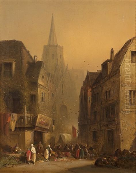 Street And Market At Amiens Oil Painting by George Washington Nicholson