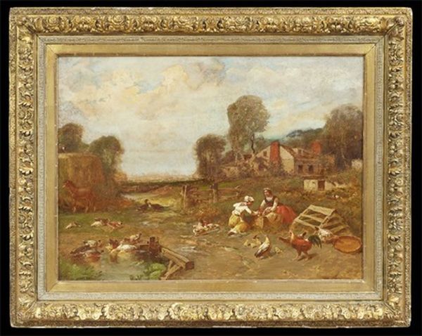 Farmyard Scene With Two Women And Poultry Oil Painting by George Washington Nicholson