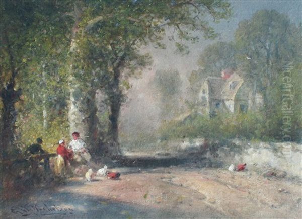 Country Road With Figures At Rest, Chickens And Country Estate In Background Oil Painting by George Washington Nicholson