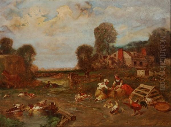 Farm Scene With Figures And Animals Oil Painting by George Washington Nicholson