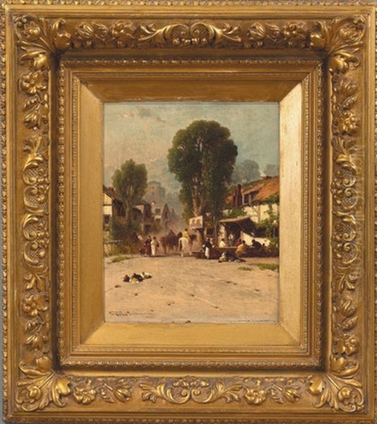 A Village Market Scene Oil Painting by George Washington Nicholson