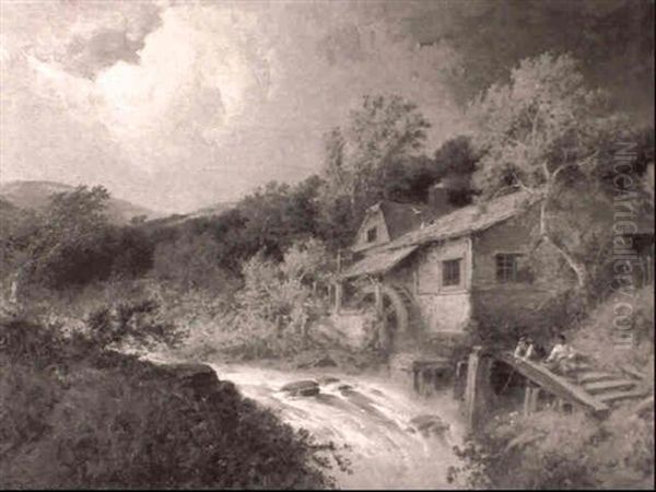 Fisherman Beside A Mill And Rushing Torrent Oil Painting by George Washington Nicholson