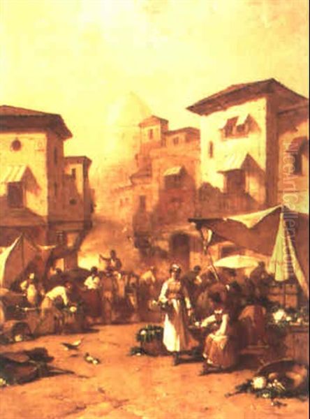 Outdoor Market In Florence Oil Painting by George Washington Nicholson