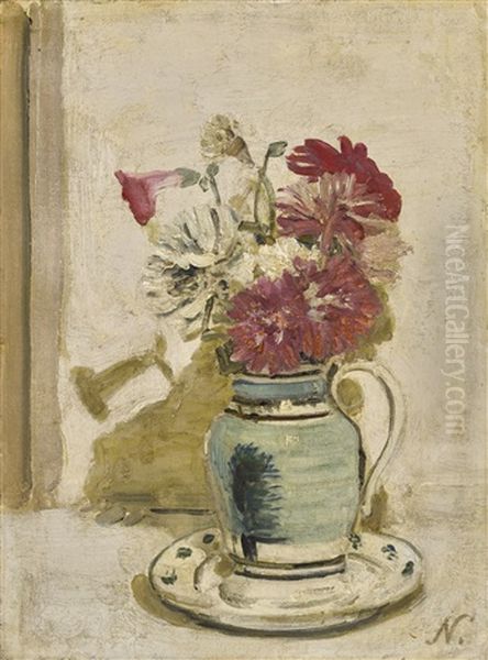 Petunias And Chrysanthemums In A Mocha Jug Oil Painting by William Nicholson