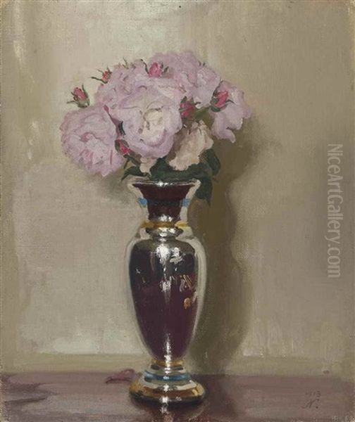 Pink Roses In A Silver Lustre Vase Oil Painting by William Nicholson