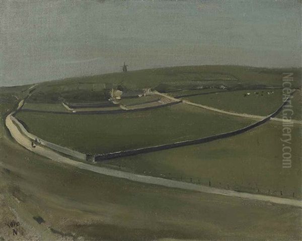 The Downs With Distant Windmill, Rottingdean Oil Painting by William Nicholson