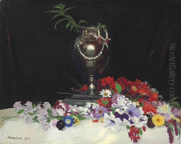 Urn And Flowers On A Table Oil Painting by William Nicholson