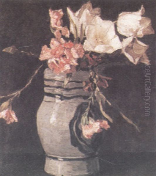 Tulips And Pinks In An Earthenware Vase Oil Painting by William Nicholson