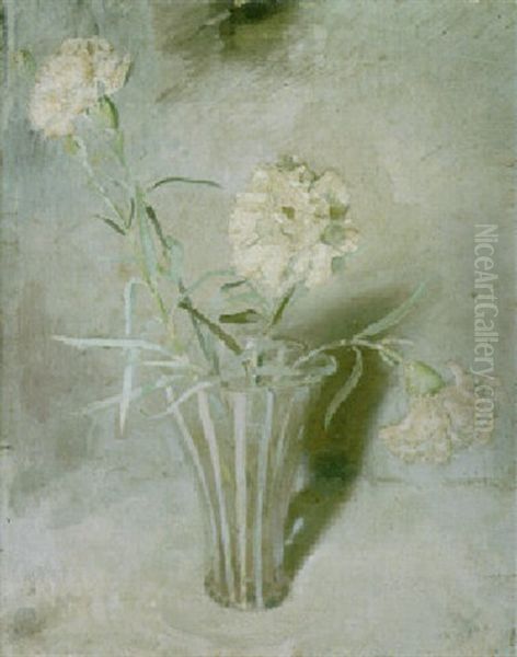 White Carnations In A Glass Vase Oil Painting by William Nicholson