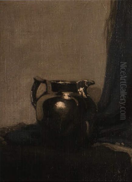 Pewter Jug And Blue Curtain Oil Painting by William Nicholson