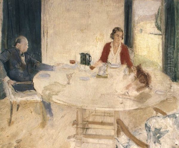 Sir Winston And Lady Churchill In The Dining Room At Chartwell Oil Painting by William Nicholson