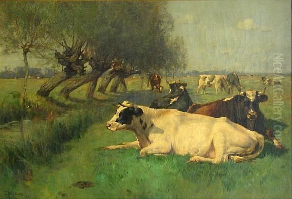 A Pastoral Landscape With Cattle Grazing In A Field Oil Painting by Henry Singlewood Bisbing