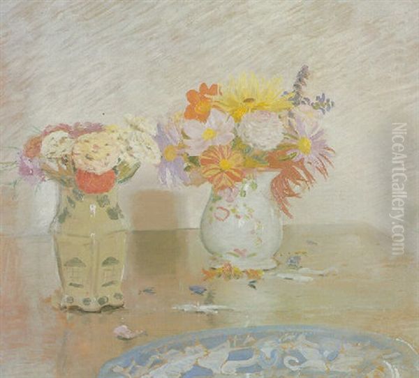 Two Vases Of Flowers And A Blue Plate Oil Painting by William Nicholson