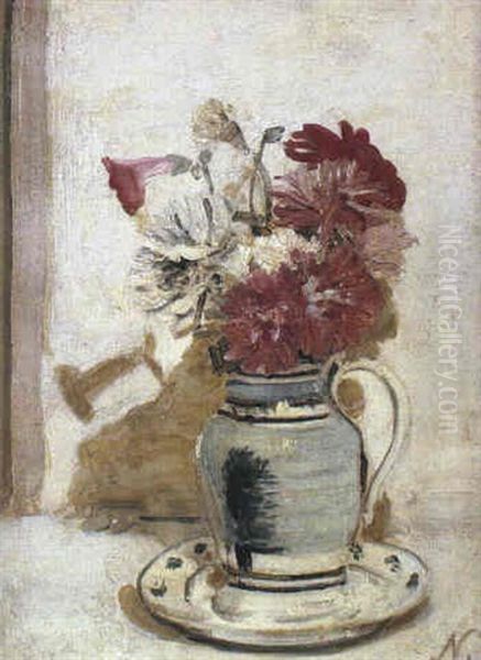 Chrysanthemums In A Blue Jug Oil Painting by William Nicholson