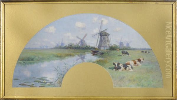 Dutch Polder Landscape With Cows Grazing By Windmills Oil Painting by Henry Singlewood Bisbing