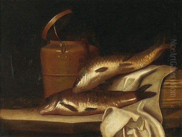 A Still Life With A Carp Before A Copper Kettle Oil Painting by Pierre Nichon