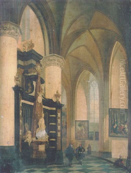 A Church Interior With Figures Oil Painting by Isaac van Nickele