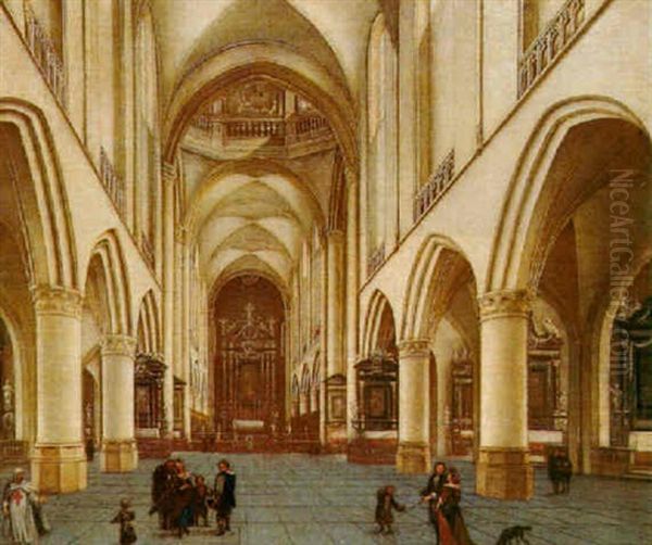 The Interior Of Antwerp Cathedral, Looking Towards East, With Worhippers Oil Painting by Isaac van Nickele