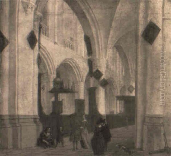 Scene D'interieur D'eglise Gothique Oil Painting by Isaac van Nickele