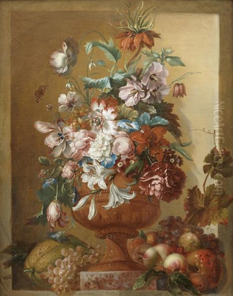 Lilies, Morning Glory, Roses And Other Flowers In A Terracotta Urn With Fruit Oil Painting by Jacoba Maria van Nickele