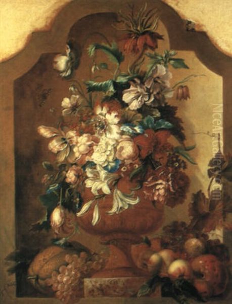 A Still Life Of Flowers In A Classical Urn, Surrounded By   Fruit, All In A Niche Oil Painting by Jacoba Maria van Nickele