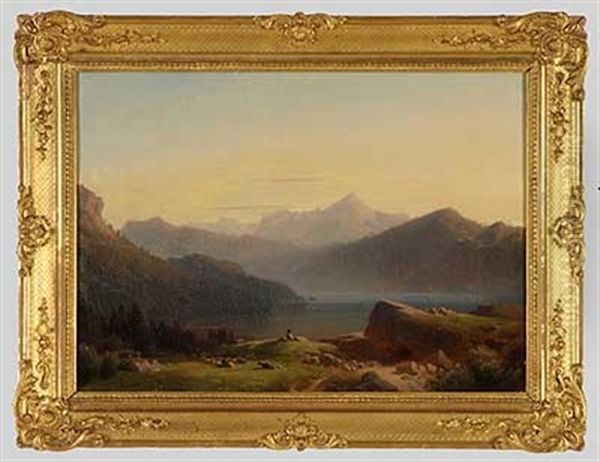 Schafer Vor Alpenseeidylle Oil Painting by Adolf Nickol