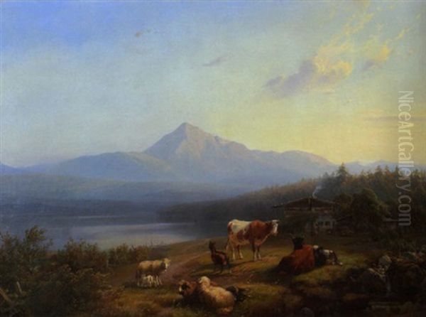 Alpenseelandschaft Mit Weidendem Vieh In Der Morgensonne Oil Painting by Adolf Nickol