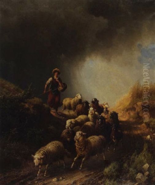 Heimtreib Der Schafe Vor Dem Gewitter Oil Painting by Adolf Nickol