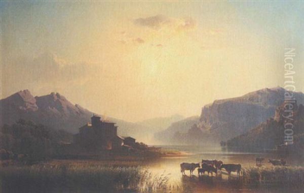 Morgen Am Toblinosee In Sudtirol Oil Painting by Adolf Nickol