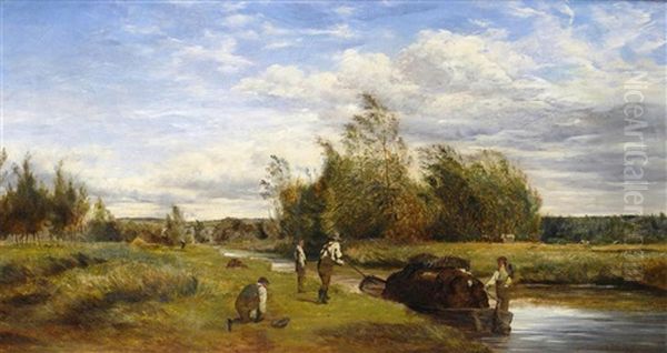 Figures At Work In A River Landscape Oil Painting by Erskine Nicol