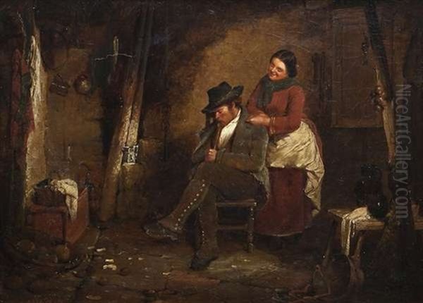 A Cottage Interior With A Man And A Woman Oil Painting by Erskine Nicol