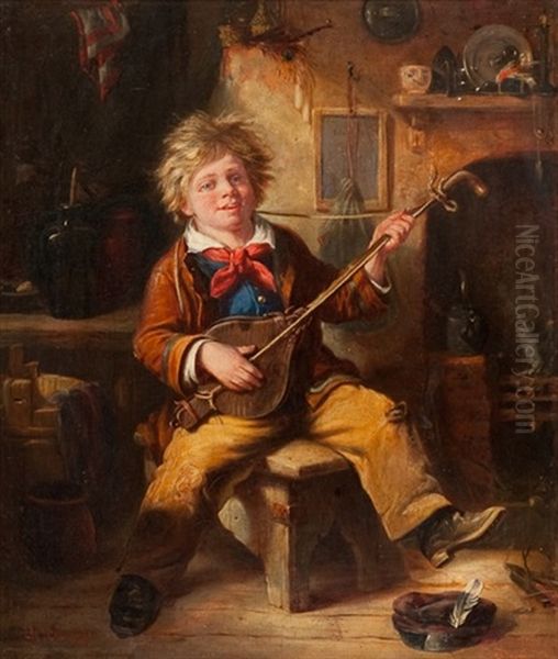 A Country Boy Playing By A Fire Oil Painting by Erskine Nicol