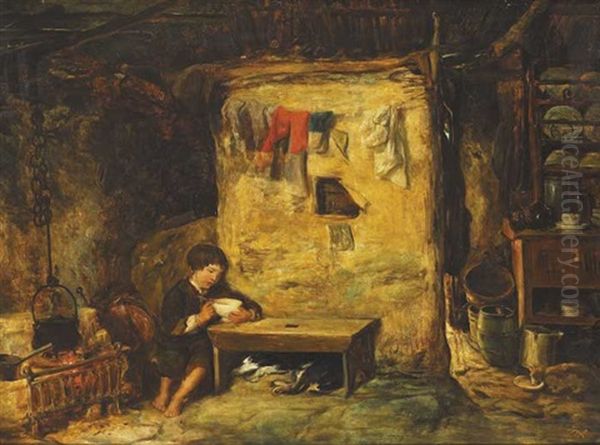 Cottage Interior With Child Eating Oil Painting by Erskine Nicol