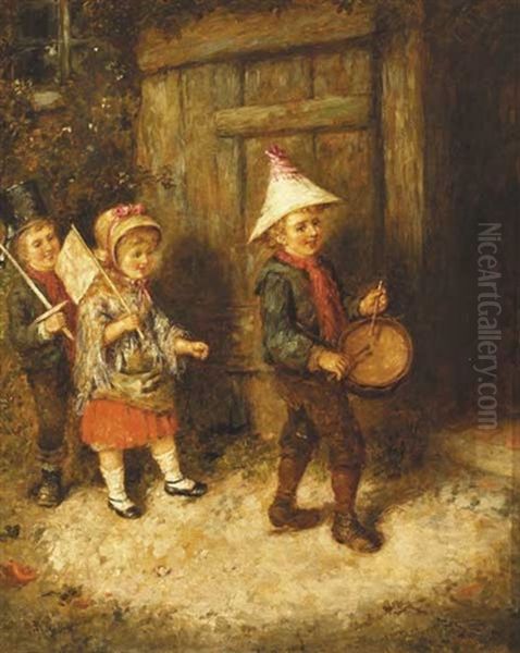 Three Children Playing At Marching Soldiers Oil Painting by Erskine Nicol