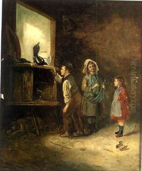 Children Feeeding Pigeons Oil Painting by Erskine Nicol