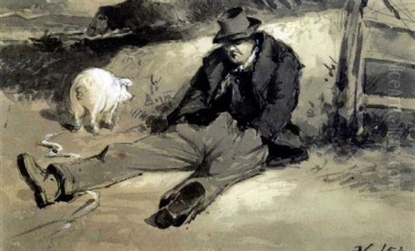 Man And A Pig By A Wall Oil Painting by Erskine Nicol