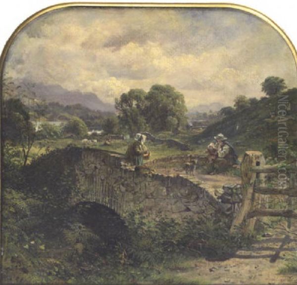 Pastoral Landscape With Figures On A Bridge Oil Painting by Erskine Nicol