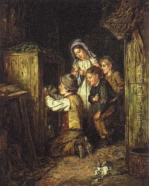 Children Around A Rabbit Hutch Oil Painting by Erskine Nicol