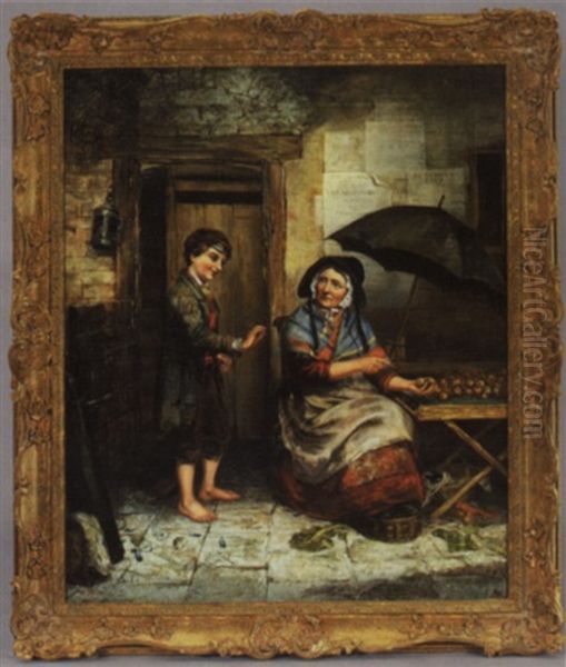 An Old Apple Vendor And Mischievous Boy Oil Painting by Erskine Nicol