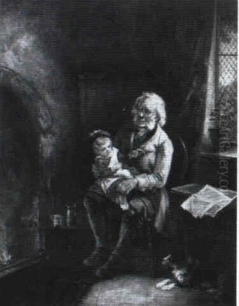 Fireside Evening With Grandfather And Son Oil Painting by Erskine Nicol