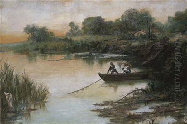 A River Landscape With Fishermen Oil Painting by Vicente Nicolau Cotanda