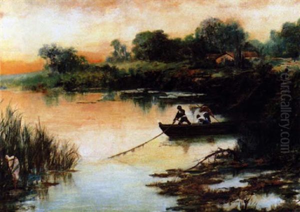 Pescando En La Albufera Oil Painting by Vicente Nicolau Cotanda