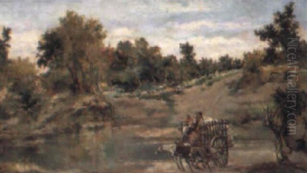 El Carro Cruzando El Rio Oil Painting by Vicente Nicolau Cotanda