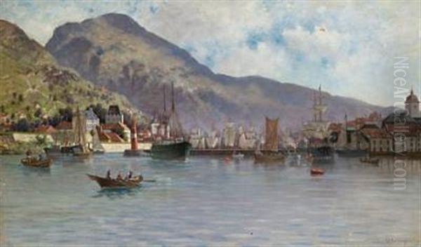 Havneparti Fra Bergen Oil Painting by Lyder Wenzel Nicolaysen