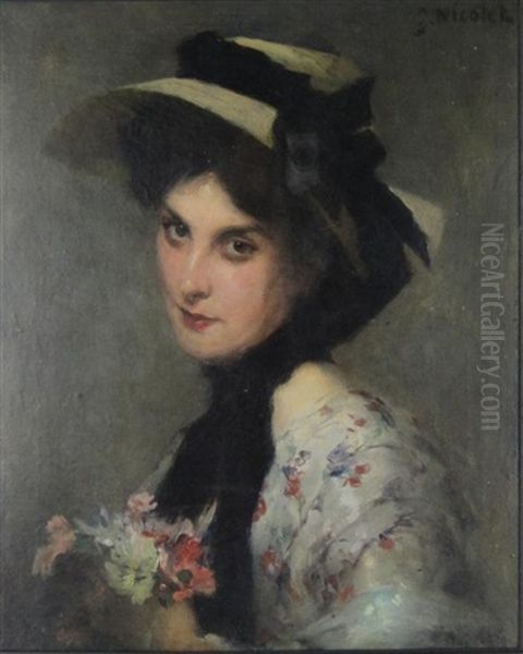 Portrait Of A Lady, Wearing A Bonnet, Holding Flowers Oil Painting by Gabriel Emile Nicolet